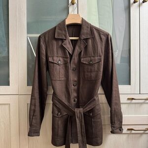 Suitsupply Brown Linen Safari Jacket with Belted Waist